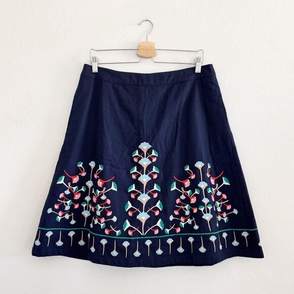 BODEN Brooke Embroidered Midi Skirt Navy Floral Linen Blend Lined Size 10P - Picture 2 of 9